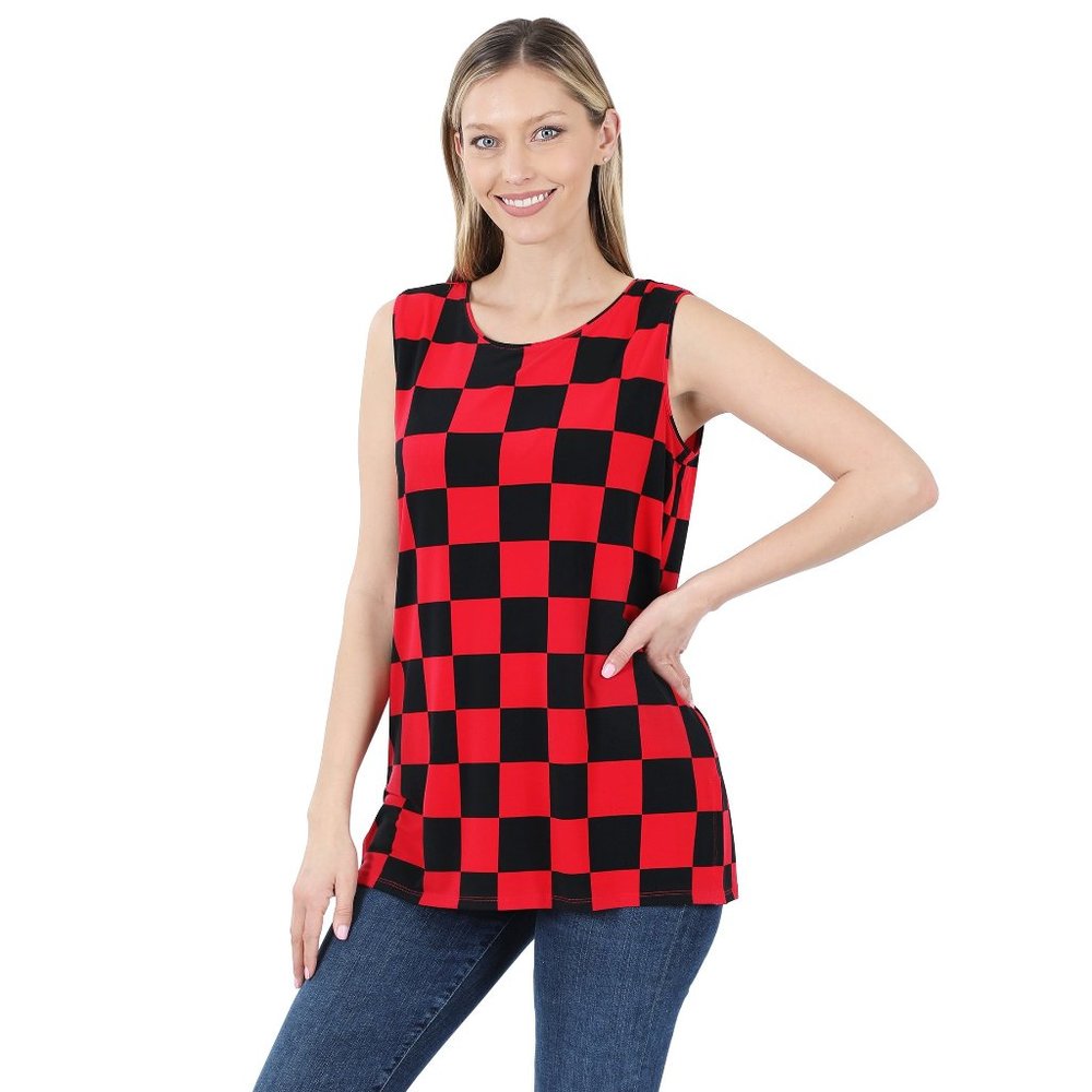 Black & Red Checkered Sleeveless Top With Side Slits
